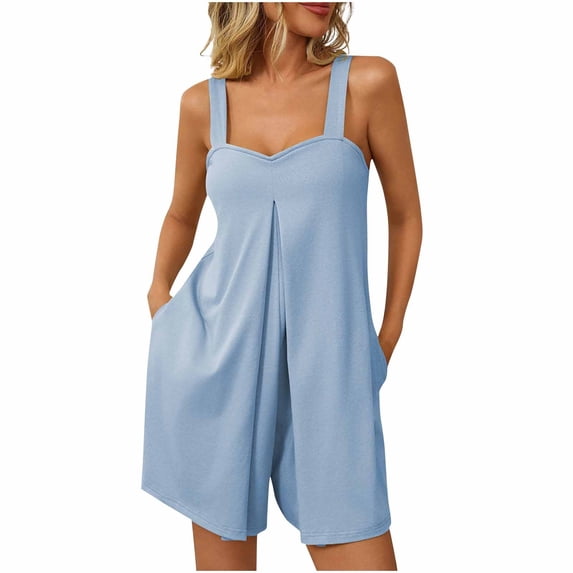 IROINNID Spring Summer Rompers for Women's Fashion Solid Round Neck Overalls Elastic Strap Sleeveless Pockets Short Jumpsuit(Light Blue#1,XL)