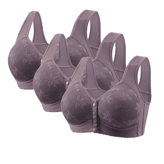 IROINNID 3PCS Lace Underwear for Women's Solid Color Bra Front Button Design No Steel Ring Support Adjustable Straps U Shaped Back Bras