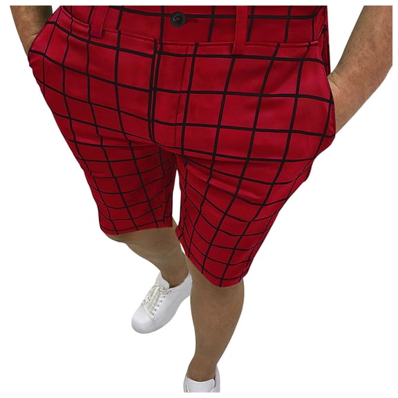 IROINNID Bermuda Shorts for Men Plaid Five-point Pants Suit Shorts Have Pockets Button Pants,Red