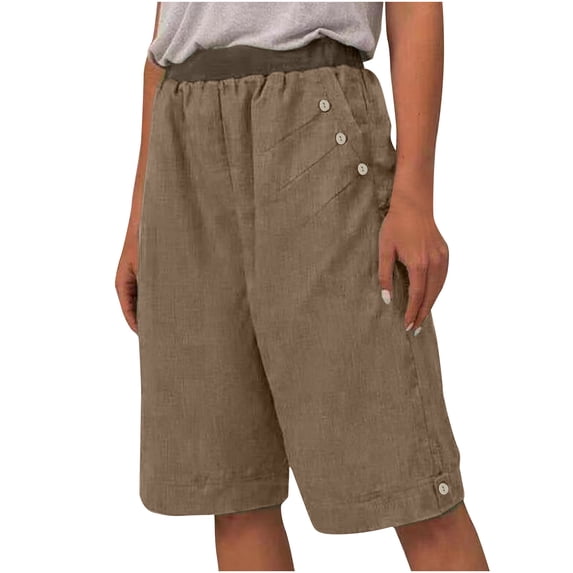 IROINNID Bermuda Shorts for Women Spring And Autumn Solid Elastic Waist Cotton Linen Versatile Straight Leg Pants Capri,Brown