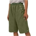 thumbnail image 1 of IROINNID Bermuda Shorts for Women Spring And Autumn Solid Elastic Waist Cotton Linen Versatile Straight Leg Pants Capri,Olive Green, 1 of 6