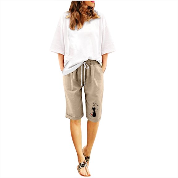IROINNID Bermuda Shorts for Women Summer Printed Five Points Large Size Cotton Linen Pants Pants Shorts,Khaki