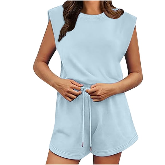 IROINNID Casual Short Jumpsuits for Women Summer Casual Dressy Tshirt Sleeveless Short Pants Jumpsuit Beach Vacation Outfit Clothes(Sky Blue,M)