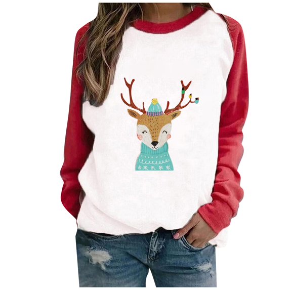IROINNID Clearance Christmas Sweatshirts for Women Long Sleeve Crewneck Christmas Printing New Year Casual Tops for Fall and Winter,Red