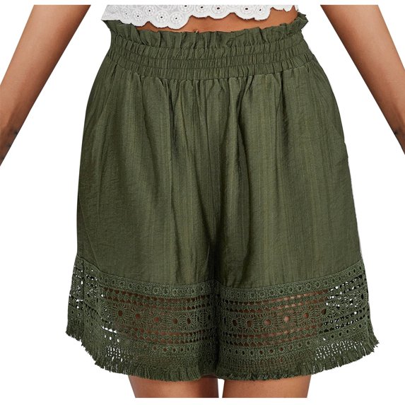 IROINNID Clearance Cotton Shorts for Women New Pants Solid Color Large Size Loose Lace Splicing Wide Leg Pants Hollow Short,Olive Green