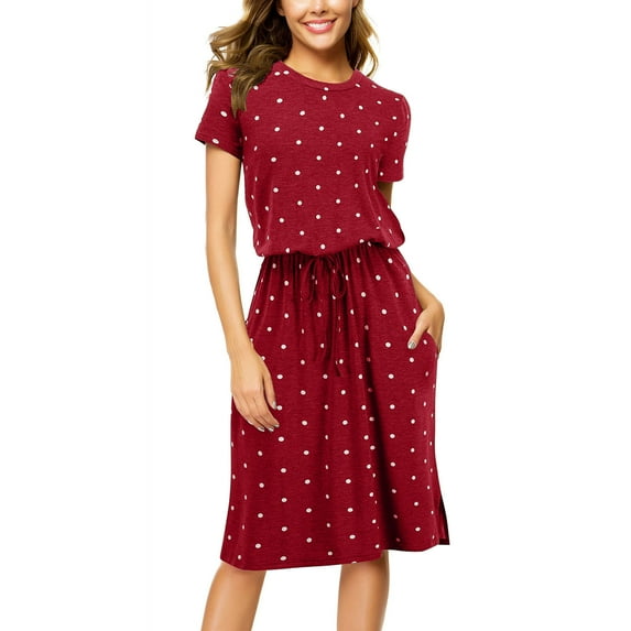 IROINNID Clearance Dress for Women 2023 Formal Evening Night Dress Printed Short Sleeve Crew Neck Lace-up Dress Fit&Flare Dress,Red