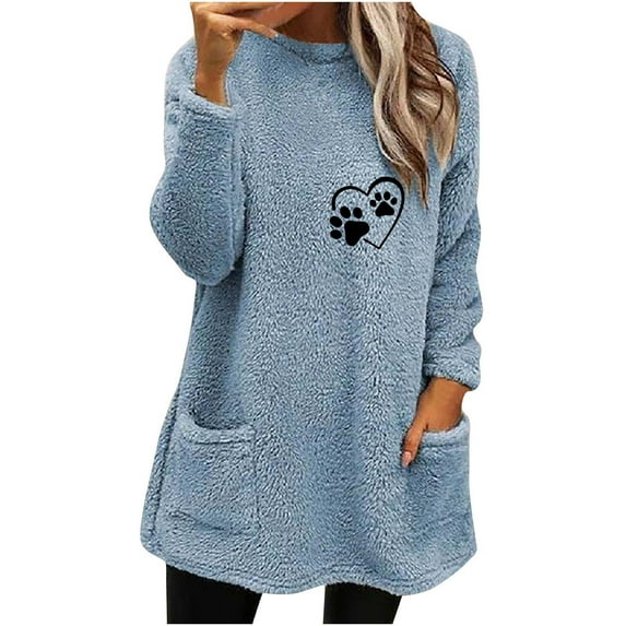 IROINNID Fall Shirts for Women Long Sleeve Tops Winter Warm Loose Fit Solid Plush Crewneck Long Pullover Thermal Homewear Tops with Pocket,Light Blue
