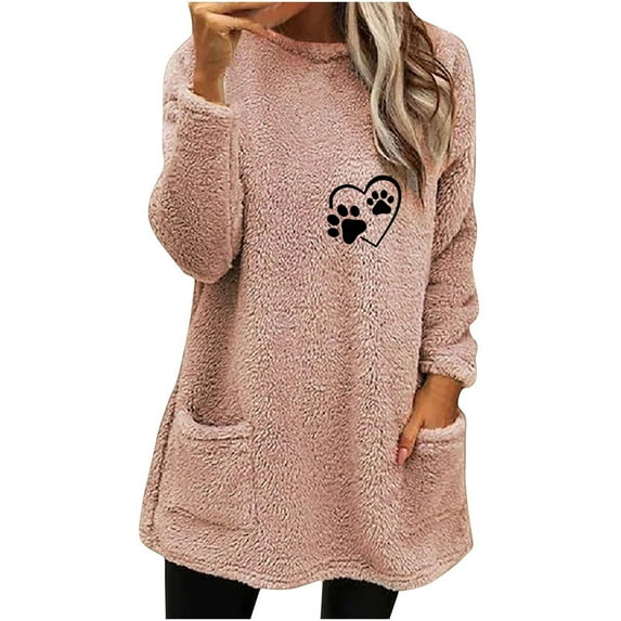 IROINNID Fall Shirts for Women Long Sleeve Tops Winter Warm Loose Fit Solid Plush Crewneck Long Pullover Thermal Homewear Tops with Pocket,Pink