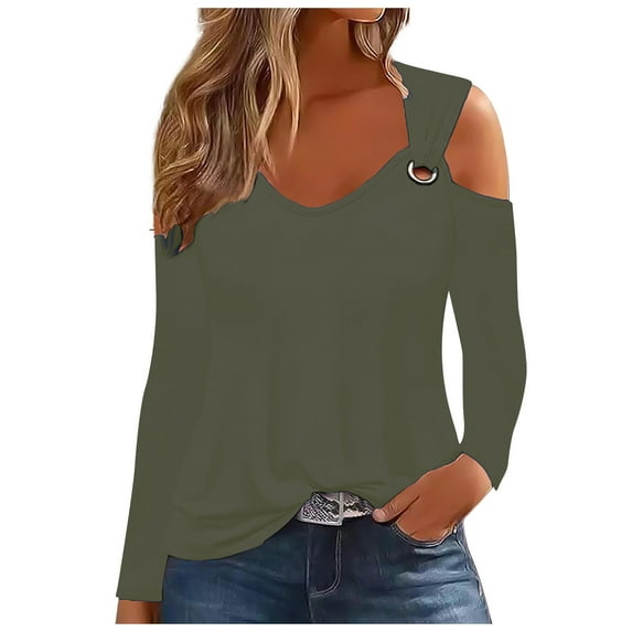 IROINNID Fall Shirts for Women Long Sleeve Solid Color Cold-shoulder Pullover V-Neck Casual Lightweight Soft Shirt,Olive Green