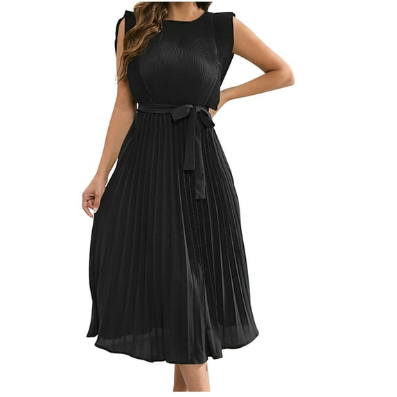 IROINNID Clearance Formal Dress for Women Wedding Guest Evening Night Party Dress Elegant Summer Gentle Sleeveless Round Neck Pleated Solid Color Dress,Black