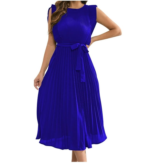 IROINNID Clearance Formal Dress for Women Wedding Guest Evening Night Party Dress Elegant Summer Gentle Sleeveless Round Neck Pleated Solid Color Dress,Blue