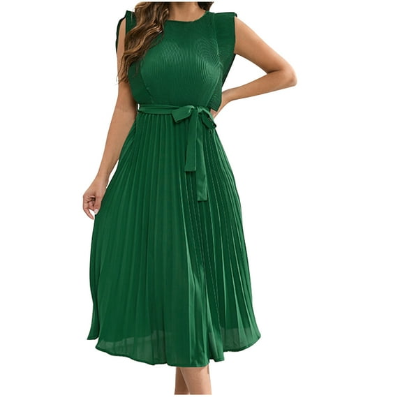 IROINNID Clearance Formal Dress for Women Wedding Guest Evening Night Party Dress Elegant Summer Gentle Sleeveless Round Neck Pleated Solid Color Dress,Green