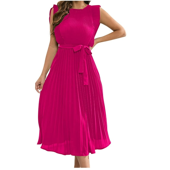 IROINNID Clearance Formal Dress for Women Wedding Guest Evening Night Party Dress Elegant Summer Gentle Sleeveless Round Neck Pleated Solid Color Dress,Hot Pink