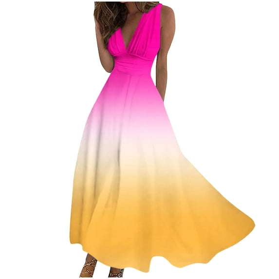 IROINNID Clearance Formal Dress for Women Wedding Guest Evening Night Party Dress Elegant Spring/Summer Printed V-neck Sleeveless Long Dress,Pink