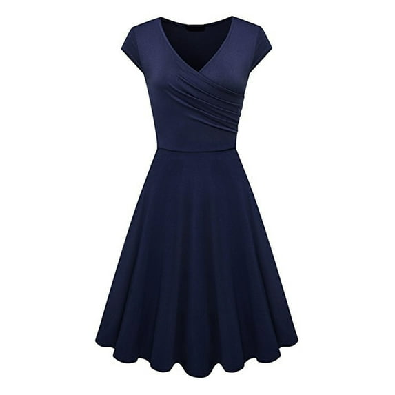 IROINNID Formal Dress for Women Wedding Guest Evening Night Party Dress Elegant Summer Color Short Sleeve V-Neck Loose Dress,Navy