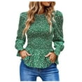 thumbnail image 1 of IROINNID Ladies Long Sleeve T Shirts Round- Neck Floral Print Elastic Waist Pleated Bell Sleeves Lace Lap Long Sleeve Tops,Green, 1 of 9