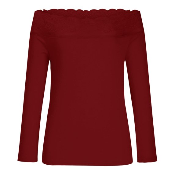 IROINNID Clearance Ladies Long Sleeve T Shirts Solid Color Shoulder Lace Stitching Slim Sexy Blouse,Burgundy