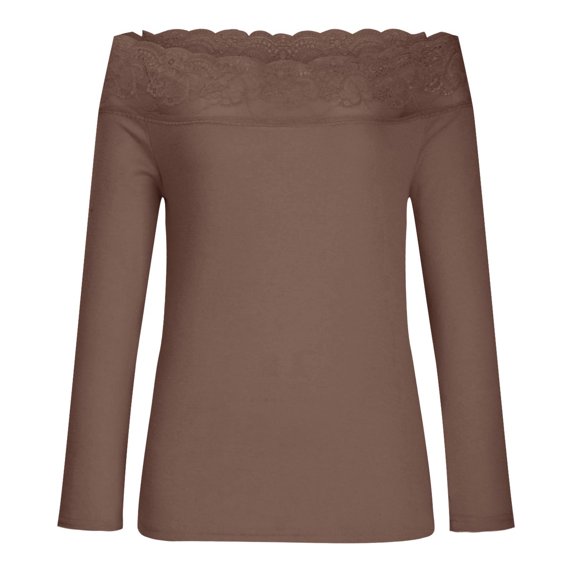 IROINNID Clearance Ladies Long Sleeve T Shirts Solid Color Shoulder Lace Stitching Slim Sexy Blouse,Coffee