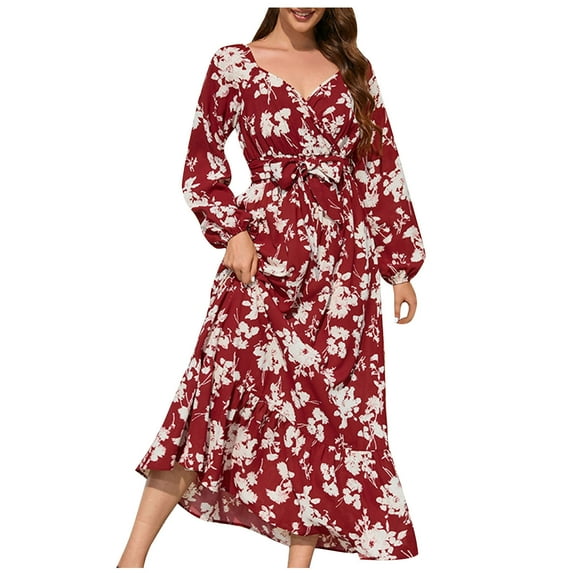 IROINNID Long Sleeve Dress for Women Wedding Guest Dresses Full-Length Wrap Dress Fall and Winter New Floral Dress Slim Trendy Lantern Sleeve Tie Cake Dress,Red