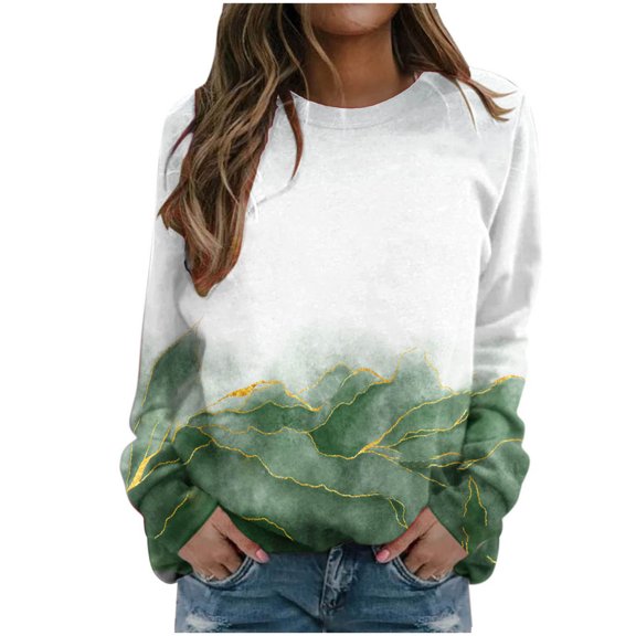 IROINNID Long Sleeve T-Shirts for Women Home Flower Print Round Neck T-shirt Top Blouse Pullover,Green