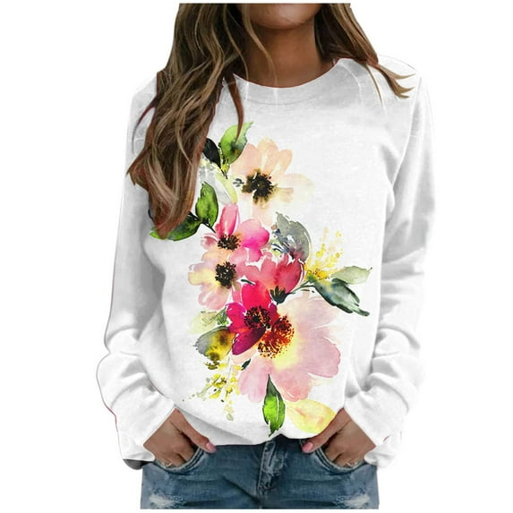 IROINNID Long Sleeve T-Shirts for Women Home Flower Print Round Neck T-shirt Top Blouse Pullover,White