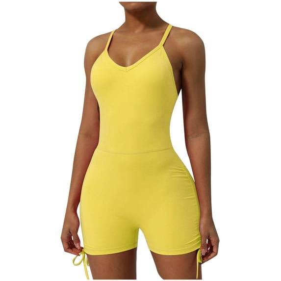 IROINNID Rompers for Women Shorts Casual Elastic Romper Jumper Beach Sleeveless Straight Jumpsuits Summer Loose Vacation Outfits(Yellow,S)