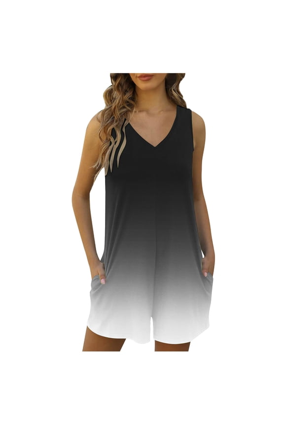 Rompers for Women's Summer Casual Loose Sleeveless V Neck Pocket Jumpsuit Short Overalls Beach Vacation Clothes(Black,L)
