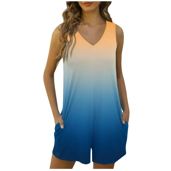 IROINNID Rompers for Women's Summer Casual Loose Sleeveless V Neck Pocket Jumpsuit Short Overalls Beach Vacation Clothes(Blue,S)