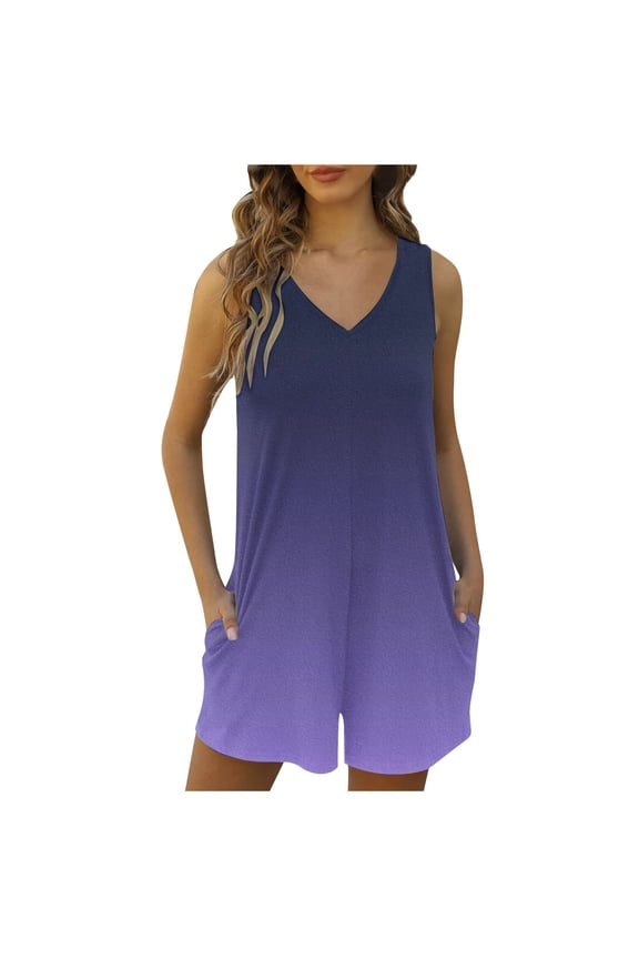 Rompers for Women's Summer Casual Loose Sleeveless V Neck Pocket Jumpsuit Short Overalls Beach Vacation Clothes(Purple,XXXL)