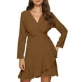 thumbnail image 1 of IROINNID Clearance Semi Formal Dress for Women Long Sleeve Wrap Dress V-neck Bandage High Waist Shirt Dress,Brown, 1 of 3