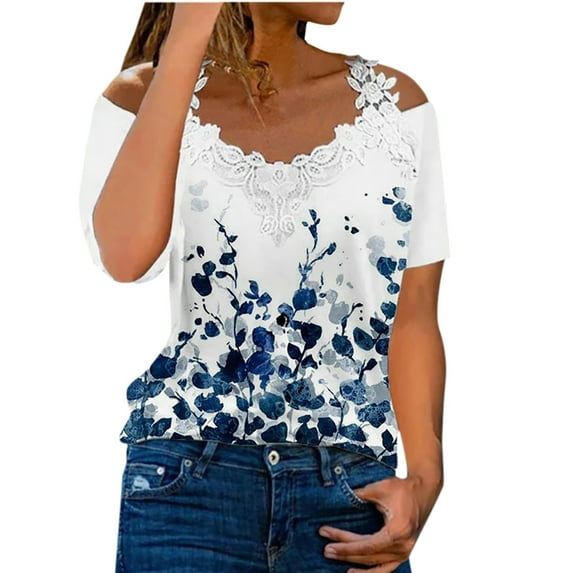 IROINNID Clearance Shirt for Women Casual Off The Shoulder Lace Regular Fit Short Sleeve Tops V-Neck Shirt Summer Tops Blue