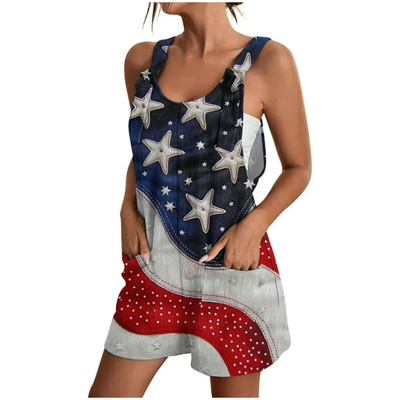 IROINNID Short Jumpsuits for Women's Summer Casual Shorts Independence Day Print Romper Shorts Loose Pants with Pockets(Multicolor#3,S)