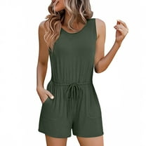 IROINNID Sleeveless Romper for Women's Summer Casual Round Neck Tie Front Short Jumpsuits Ruffle Short Overalls with Pocket(Army Green,XL)