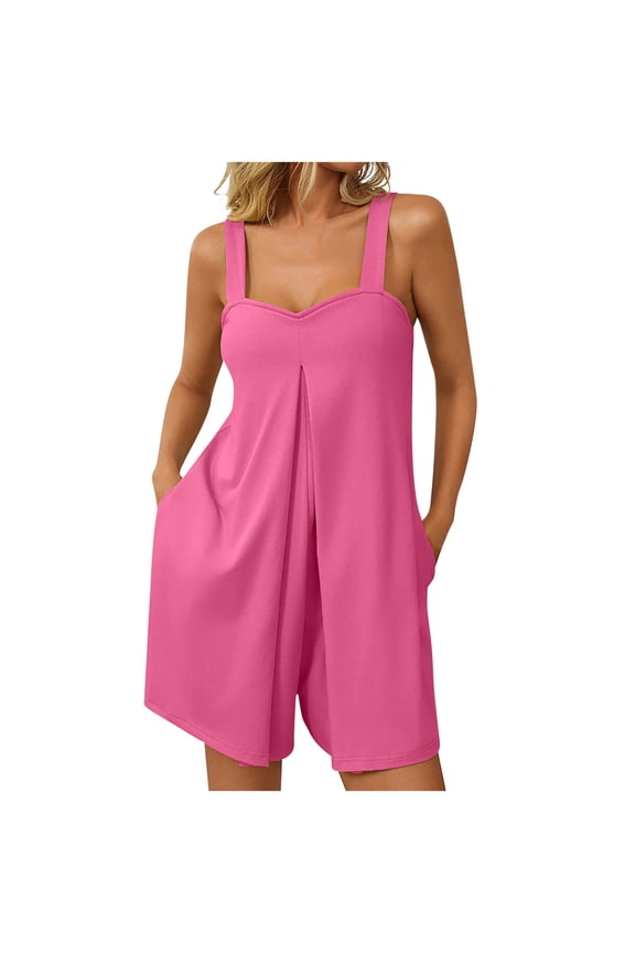 Solid Color Jumpsuits for Women Summer Casual Short Jumpsuit Shorts Sleeveless Overalls Wide Leg Romper Shorts with Pockets(Hot Pink,XL)