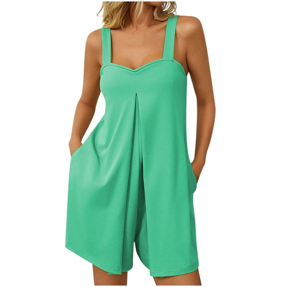 IROINNID Solid Color Jumpsuits for Women Summer Casual Short Jumpsuit Shorts Sleeveless Overalls Wide Leg Romper Shorts with Pockets(Mint Green,S)