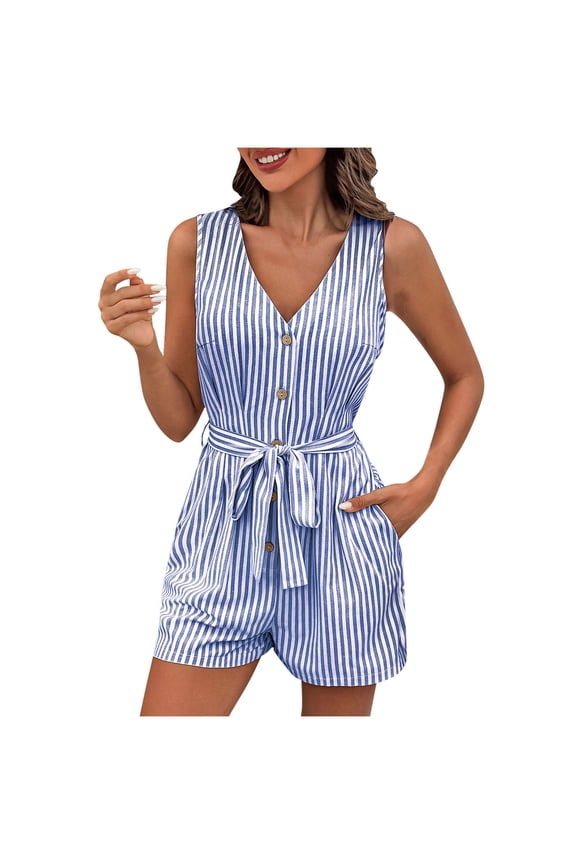 V Neck Rompers For Women Summer Sleeveless Stripe Print Fashion Buttons Waistband Cozy Home Short Jumpsuit with Pockets(Blue,M)