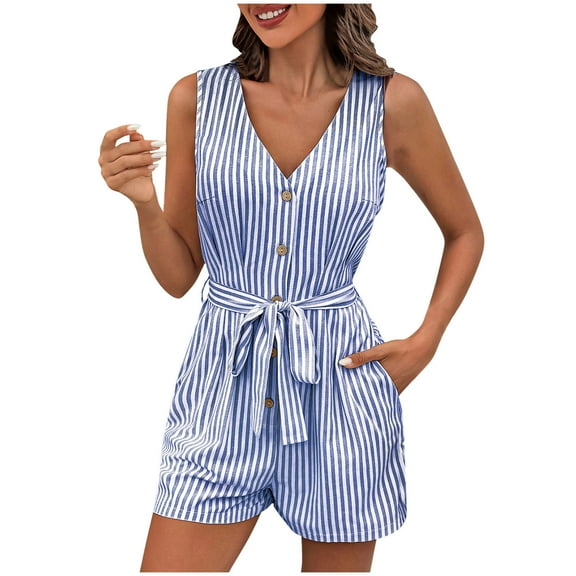 IROINNID V Neck Rompers For Women Summer Sleeveless Stripe Print Fashion Buttons Waistband Cozy Home Short Jumpsuit with Pockets(Blue,S)