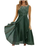 IROINNID Clearance Wedding Guest Dresses for Women Homecoming Party Sexy Solid Sleeveless Round Neck Lace Chiffon Mesh Waist Party Dresses Elegant Formal Dress,Olive Green