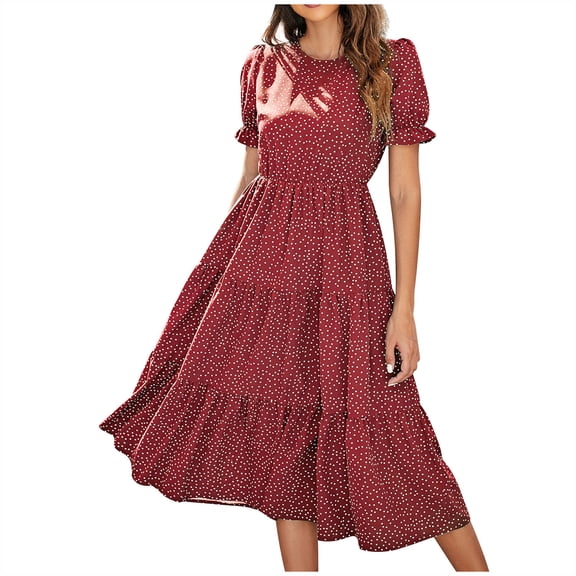 IROINNID Wedding Guest Dresses for Women Semi Formal Evening Night Casual Homecoming Dress Summer Printing Polka Short Sleeve Puff Sleeve Dress Trendy A-Line Dress,Burgundy