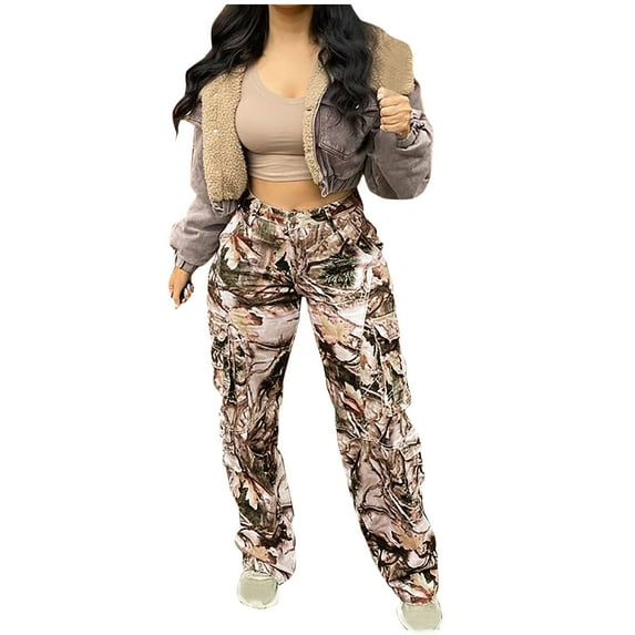 IROINNID Women's Cargo Pants High Waist Straight Tube Multicolor Camouflage Cargo Pants,Camouflage