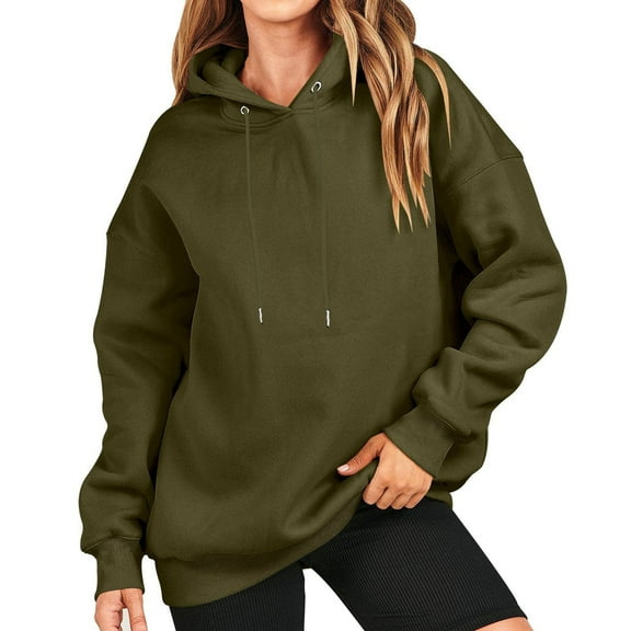 IROINNID Women's Fall Tops Long Sleeve Fall And Winter Solid Color Hooded Sweatshirt Loose Fit Casual Basic Comfy Hoodie,Olive Green