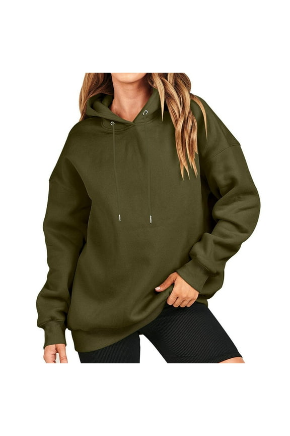 Women's Fall Tops Long Sleeve Fall And Winter Solid Color Hooded Sweatshirt Loose Fit Casual Basic Comfy Hoodie,Olive Green