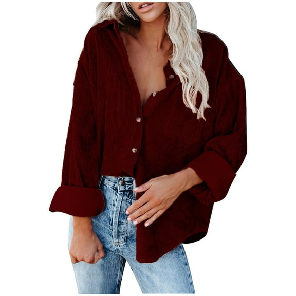 IROINNID Womens Cardigans Long Sleeve Corduroy Buttoned Cardigan Long Sleeve Lapel Loose Padded Shirt Top,Burgundy