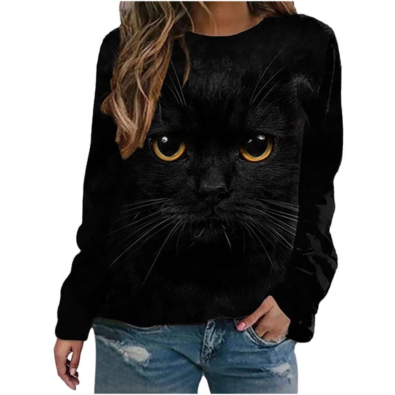 IROINNID Womens Long Sleeve Tops Home Round Neck Cat Print Home T-Shirt,Black