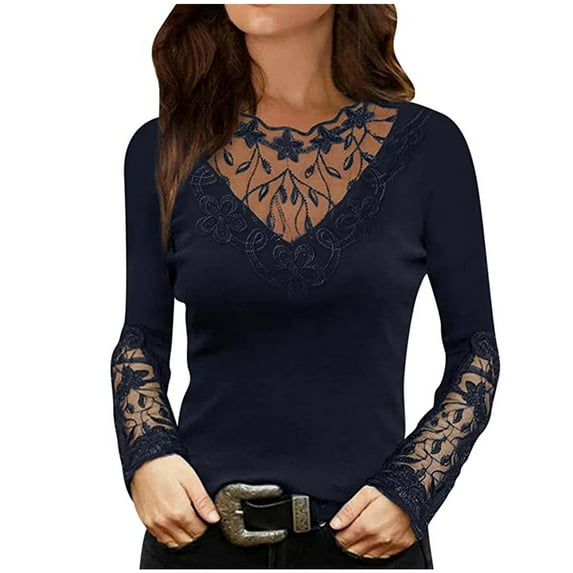 IROINNID Womens Long Sleeve Tops Round Neck Lace T-Shirt Autumn Solid Hollow Out Blouse Tops,Blue