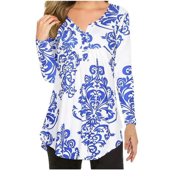 IROINNID Clearance Womens Long Sleeve V-Neck Shirts Printed Lounge Loose Blouse Comfy Tunic Tops,Blue