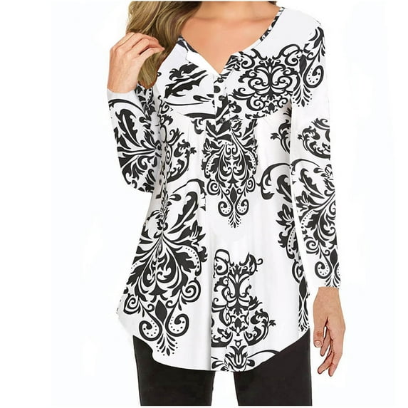 IROINNID Clearance Womens Long Sleeve V-Neck Shirts Printed Lounge Loose Blouse Comfy Tunic Tops,White