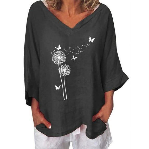 IROINNID Womens Plus Size Tops Printed T-shirt Cotton Hemp 3/4 Sleeves Blouse V Neck Lounge Tops,Black