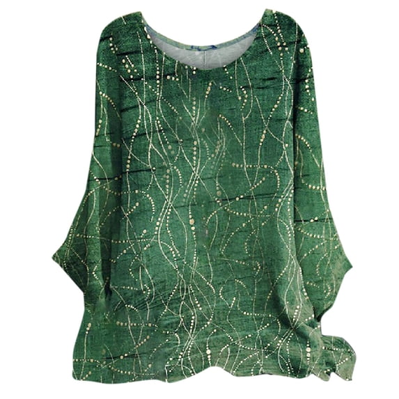 IROINNID Clearance Womens Plus Size Tops Round-Neck Long Sleeve Print Lounge T-shirt Blouse,Green