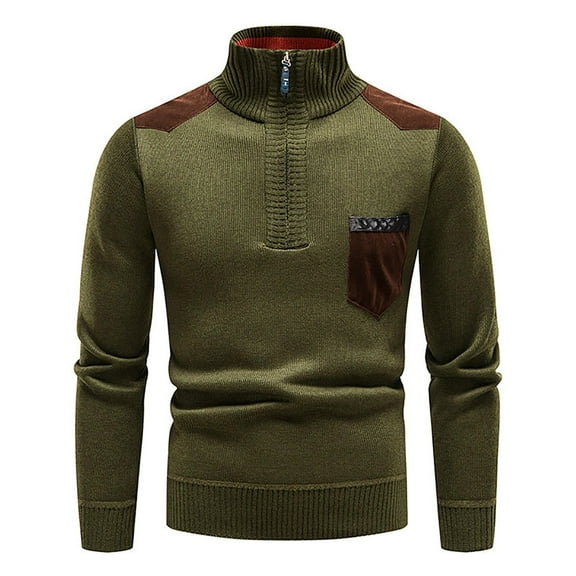 IROINNID Zipper Sweater for Men Casual And Winter Half Zip Pocket Time Solid Color Splicing Sweater Coat,Army Green